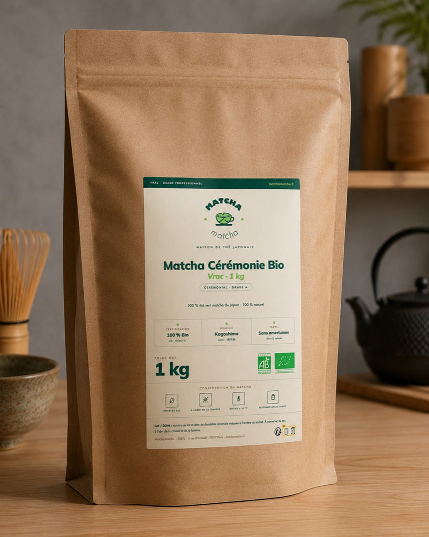 Bolsa a granel de 1 kg de Matcha Ceremonial Bio de Japón, de un proveedor de té matcha ecológico para profesionales